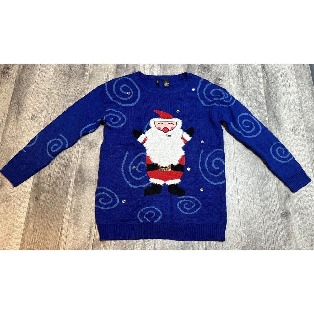 Christmas Womens Sweater Large Tunic Blue Santa‎ Sequins Rhinestones Faux Fur